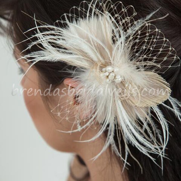 Champagne and Ivory Feather Peacock Birdcage Fascinator with Fresh Water Pearl and Rhinestone Center - Calissa