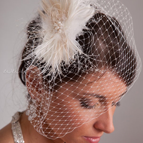 Ivory Birdcage Veil, Wedge Birdcage Veil, Wedding veil, with Detachable Peacock & Ostrich Feather Headpiece-Ivory, Champagne