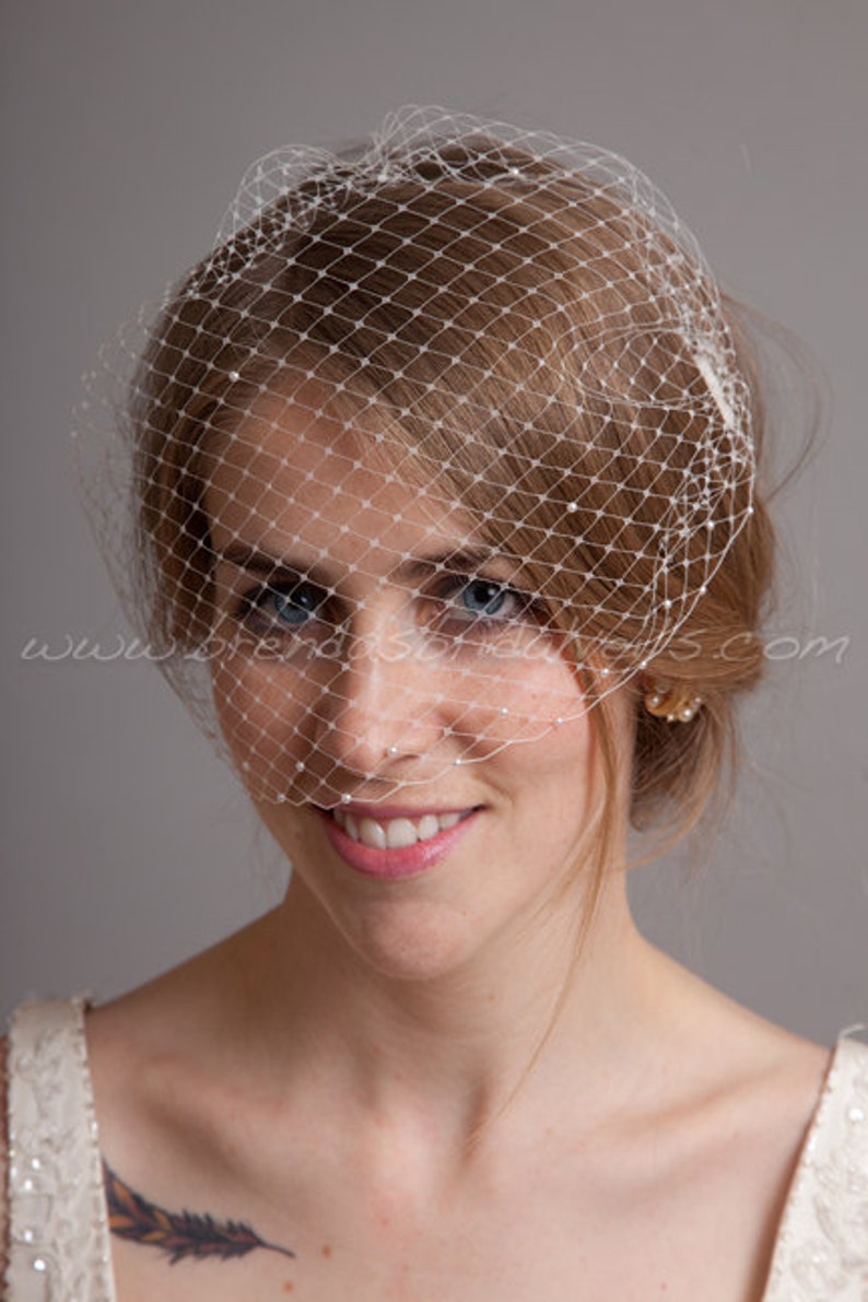Birdcage sluier, Pearl Accent Bandeau-Birdcage sluier, Wedding Veil, Bridal Veils afbeelding 5