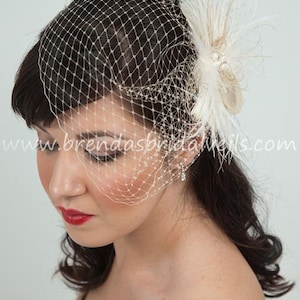 Bridal Veil with Feather Fascinator, Champagne Wedge Birdcage Veil with Champagne and Ivory Feather Fascinator Fresh Water Pearl Center