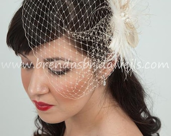 Bridal Veil with Feather Fascinator, Champagne Wedge Birdcage Veil with Champagne and Ivory Feather Fascinator Fresh Water Pearl Center