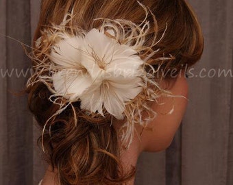 Feather Flower, Bridal Veil Birdcage Fascinator, Vanilla & Honey Ivory Champagne - Sophia