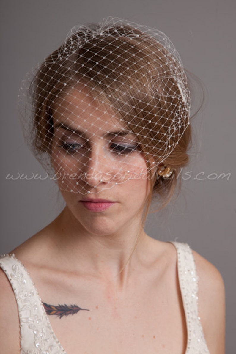 Birdcage sluier, Pearl Accent Bandeau-Birdcage sluier, Wedding Veil, Bridal Veils afbeelding 4