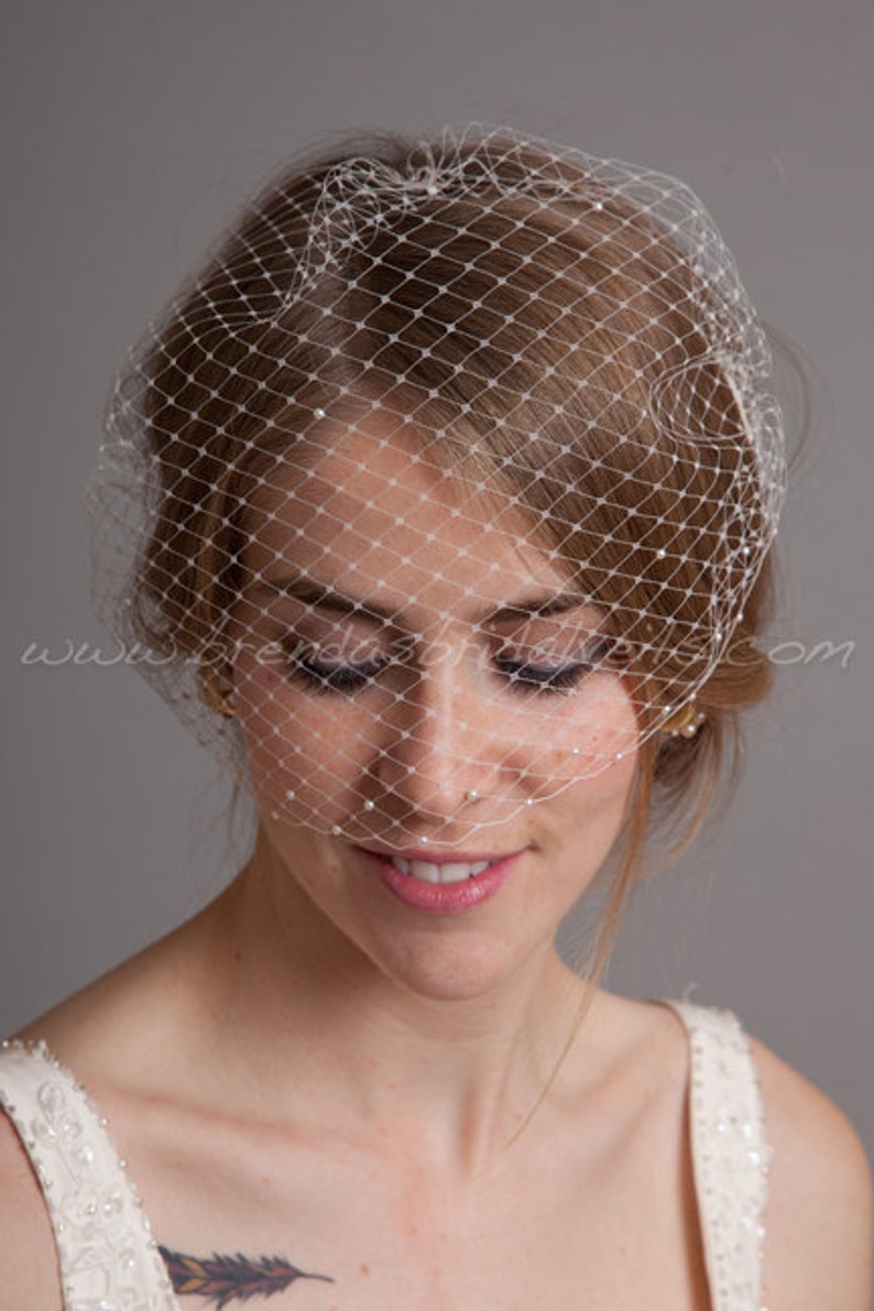 Birdcage sluier, Pearl Accent Bandeau-Birdcage sluier, Wedding Veil, Bridal Veils afbeelding 3