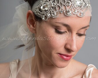 1920s Flapper Style Bridal Hairband, Rhinestone Great Gatsby Tulle Tie On Headband, Wedding Headband - Valentina