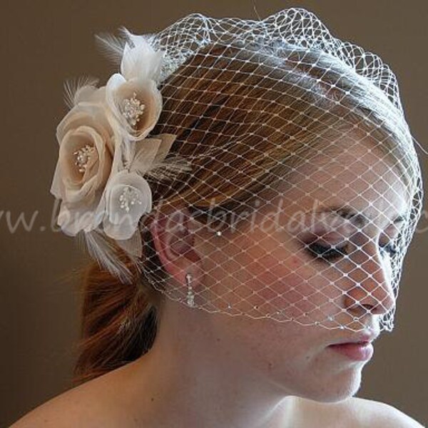 Birdcage Veil With Flower, Ivory Wedding Veil Double Swarovski Rhinestone Edge, Detachable Ivory And Champagne Flower Fascinator - MissHill