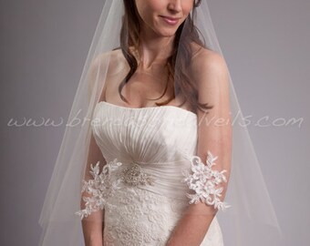 Ivory Bridal Veil Single Layer Light Ivory Alencon Lace, Hand Beaded Lace Wedding Veil - Monica