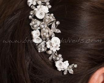 Wedding Hair Comb, Rhinestone Hair Comb, Bridal Pearl Hair Comb, Porcelain Flower Headpiece - Carolina