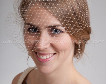 Bridal Birdcage Veil, Wedding Veil, Full Side Blusher, White, Diamond White, Ivory or Black