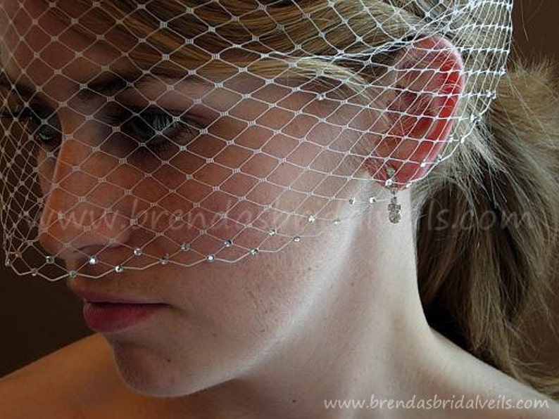 Bridal Birdcage Veil with Double Swarovski Crystal Rhinestone Edge available in White, Diamond White, Ivory, Black image 1
