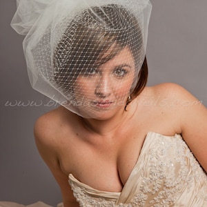 Birdcage Veil - Double Layer Blusher Tulle and Russian Net Bridal Veil w Detach Tulle Pouf - White, Diamond White, Ivory, Black