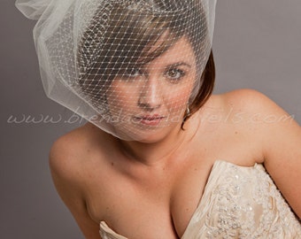 Birdcage Veil - Double Layer Blusher Tulle and Russian Net Bridal Veil w Detach Tulle Pouf - White, Diamond White, Ivory, Black