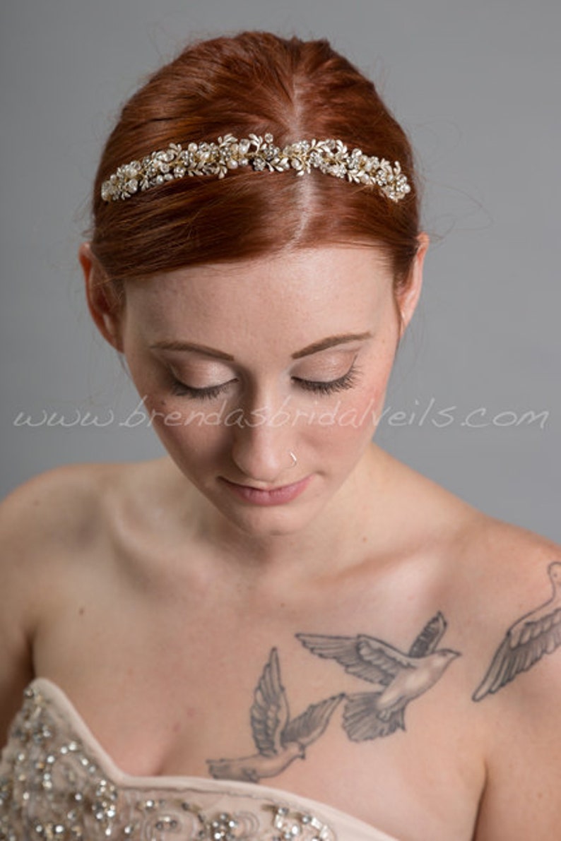 Gold Headband, Fresh Water Pearls, Rhinestones, Bridal Headband, Wedding Hairband Charlotte image 1