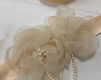 Champagne Flower Wedding Sash, Bridal Flower Sash