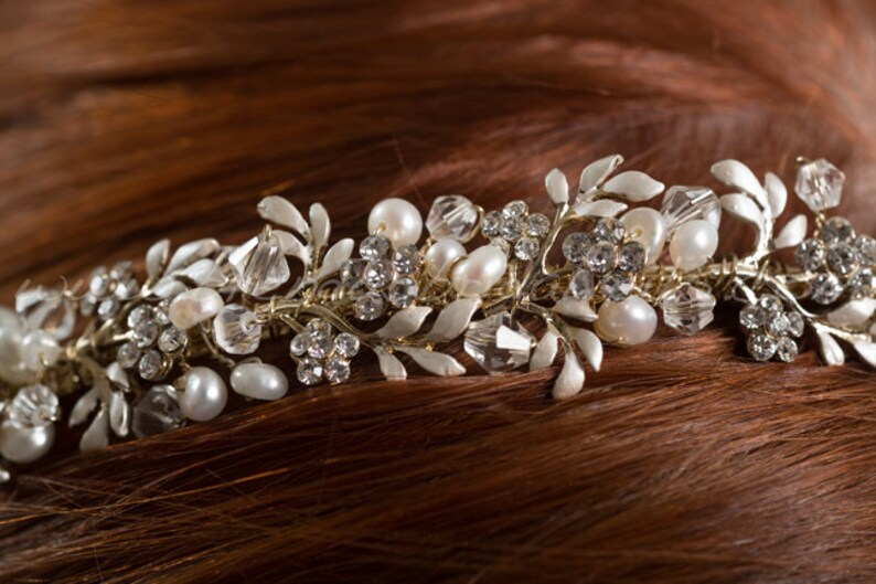 Gold Headband, Fresh Water Pearls, Rhinestones, Bridal Headband, Wedding Hairband Charlotte image 5