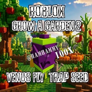 Può includere: Una grafica digitale per Roblox Grow a Garden 2 con un personaggio a forma di seme di venere acchiappamosche, a blocchi, color verde lime e viola. Il testo recita ROBLOX GROW A GARDEN 2, @HAMHAMMY 100X e VENUS FLY TRAP SEED su sfondo pixelato.