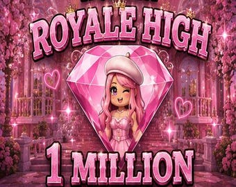 Może przedstawiać: Cyfrowa grafika do gry Roblox Royale High przedstawiająca różowy diament z postacią z kreskówki o różowych włosach w berecie. Tekst głosi Roblox Royale High oraz 1 Million Diamonds, w otoczeniu różowych serc i kwiatowych elementów architektonicznych.