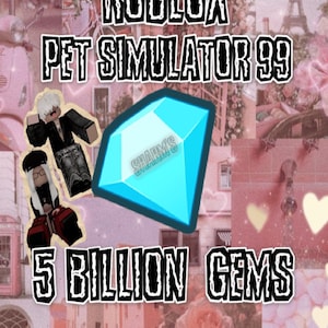 Può includere: Grafica digitale per il gioco Roblox Pet Simulator 99, con una grande gemma blu con il testo "SHARMS" e le parole "ROBLOX PET SIMULATOR 99" e "5 BILLION GEMS" in un font bianco bordato. Lo sfondo è un collage di immagini rosa.