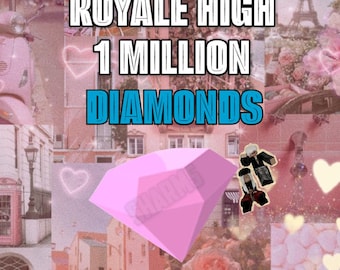 May include: A pink graphic with the text "ROYALE HIGH 1 MILLION DIAMONDS" over a collage of pink images, including a pink diamond, hearts, and buildings.
