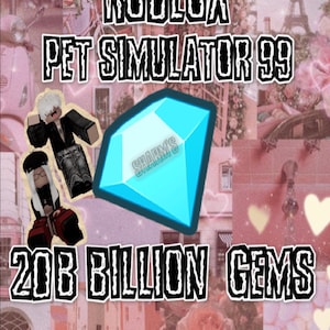 Può includere: Immagine per Roblox Pet Simulator 99 con una grande gemma blu con il testo "SHARMS" e il testo "20B BILLION GEMS". Lo sfondo è un collage di immagini rosa e personaggi di Roblox.