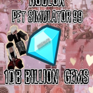Può includere: Grafica digitale che promuove "Roblox Pet Simulator 99" con una grande gemma blu e il testo "10B Billion Gems". Lo sfondo è un collage di immagini rosa, tra cui la Torre Eiffel e personaggi dei cartoni animati.