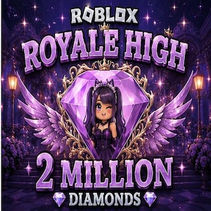 Pode incluir: Um gráfico digital com o texto Roblox Royale High e 2 Million Diamonds. Um ícone central de diamante roxo é emoldurado por filigrana dourada e asas roxas, com uma personagem de desenho animado em um vestido escuro e orelhas de gato.