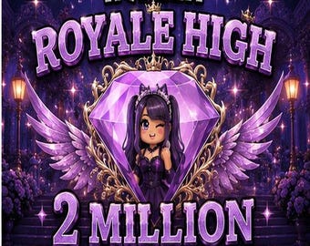 May include: A digital graphic featuring the text Roblox Royale High and 2 Million Diamonds. A central purple diamond icon is framed by gold filigree and purple wings, with a cartoon character wearing a dark dress and cat ears inside.