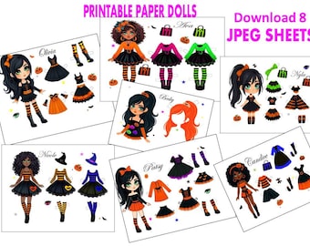May include: Printable paper dolls with Halloween themes.  The dolls are dressed in black dresses with orange and black striped stockings.  The dolls have different hairstyles and accessories.  The dolls are named Olivia, Nicole, Ava, Becky, Patiy, Candice, and Nyla.