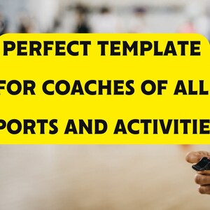 Op de afbeelding: Een gele banner met de tekst "PERFECT TEMPLATE FOR COACHES OF ALL SPORTS AND ACTIVITIES" in zwarte tekst.