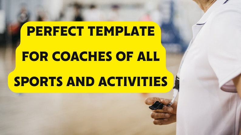 Op de afbeelding: Een gele banner met de tekst "PERFECT TEMPLATE FOR COACHES OF ALL SPORTS AND ACTIVITIES" in zwarte tekst.
