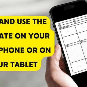 Op de afbeelding: Een zwarte smartphone die een witte sjabloon met een rasterpatroon weergeeft. De sjabloon heeft secties voor "Projectnaam", "Datum", "Beschrijving" en "Notities". De tekst op het scherm luidt "VIEW AND USE THE TEMPLATE ON YOUR SMARTPHONE OR ON YOUR TABLET".