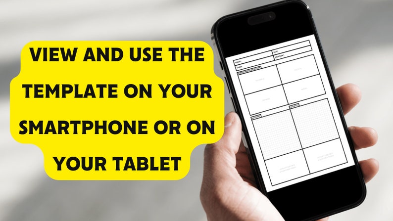 Op de afbeelding: Een zwarte smartphone die een witte sjabloon met een rasterpatroon weergeeft. De sjabloon heeft secties voor "Projectnaam", "Datum", "Beschrijving" en "Notities". De tekst op het scherm luidt "VIEW AND USE THE TEMPLATE ON YOUR SMARTPHONE OR ON YOUR TABLET".