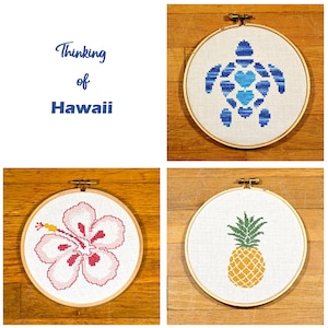 Thinking of Hawaii 3 pattern set Sea Turtle, Hibiscus & Pineapple easy cross stitch pattern, PDF instant download image 1