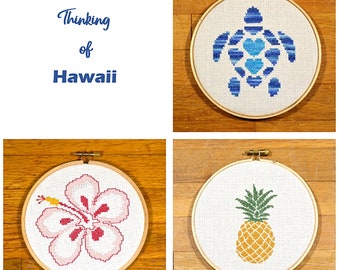 Thinking of Hawaii - 3 pattern set Sea Turtle, Hibiscus & Pineapple - easy cross stitch pattern, PDF *instant download*