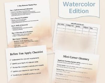 Career Toolkit Bundle: Resume Plans, Job Log, Checklist - Watercolor Edition (Printable)