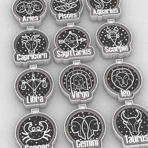 May include: Twelve white and black zodiac signs with a star pattern background. Each sign features a different zodiac symbol, including Aries, Pisces, Aquarius, Capricorn, Sagittarius, Scorpio, Libra, Virgo, Leo, Cancer, Gemini, and Taurus.