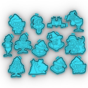 May include: A set of 12 blue plastic cookie cutters featuring various Grinch-themed designs, including "Grinch Mode", "Merry Grinchmas", "Stink Stank Stunky", and "Grinch Squad".