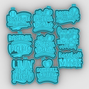 May include: Nine blue cookie cutters with various baseball and softball themed phrases, including "Baseball Grandma", "Baseball Mama", "Baseball Papa", "Softball Mama", "Baseball Girlfriend", "Love You To The End Zone And Back", "Baseball Mimi", "Livin' That Football", and "Softball Brother".