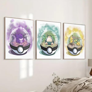 Lote de 3 impresiones de carteles de Pokémon, póster descargable, decoración de pared, lindo Gengar Pikachu Snorlax para decoración de habitación infantil.
