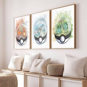 Lote 3 carteles Póster Pokemon impresión descargable, decoración pared Arte descarga digital impresión Charmander Bulbasaur Squirtle