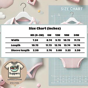 Puede incluir: Una tabla de tallas para ropa de beb&eacute;, con medidas en pulgadas. La tabla incluye ancho, largo y largo de manga para tallas NB (0-3M) a 24M. La imagen tambi&eacute;n presenta un body de beb&eacute; en una percha y el logo "Suppers".