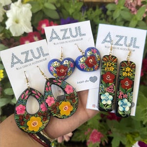 Mexican Artisanal Earrings, Hand Painted Madera de Copal Stainless Steel, Dangle Earrings, Mexican Floral Earrings