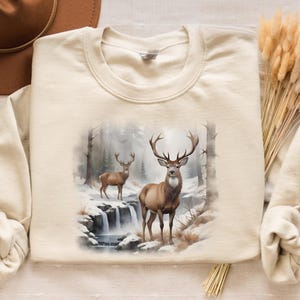 Retro Deer Wilderness Scene Sweatshirt - Nineties Vintage Buck And Doe Deer Outfit - Boho Unisex Crewneck Sweatshirt