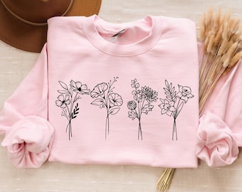 Moletom personalizado com mês de nascimento, suéter com gola redonda e flores de nascimento em cores personalizadas, moletom personalizado com mês de aniversário, moletom com flores do mês de nascimento