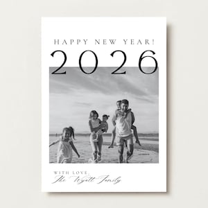 Cartão de felicitações de Ano Novo para a família, convite com foto de família para o Ano Novo, cartão de felicitações minimalista para o Ano Novo, SOMENTE PRETO E BRANCO