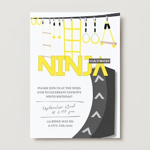 Editable Ninja Warrior Invitation, Kids Ninja Warrior Birthday Invitation, Yellow and Black Obstacle Gym, Warped Wall Ninja Gym Invitation