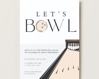 Puede incluir: Invitación con temática de bolos con las palabras "LET'S BOWL" y una ilustración de una bola de bolos. El diseño incluye una ilustración de una bolera y los detalles de la fiesta: fecha, hora y lugar del cumpleaños de Max.