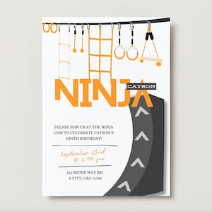 Editable Ninja Warrior Invitation, Kids Ninja Warrior Birthday Invitation, Orange and Black Obstacle Gym, Warped Wall Ninja Gym Invitation