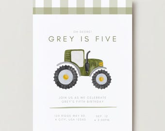 Traktor-Geburtstags-Einladungsvorlage, Jungen-Traktor-Geburtstag, grüne Gingham-Einladung, ""Oh Deere"" einfache Geburtstagseinladung, grüner Traktor."