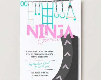 May include: A birthday invitation card featuring a ninja gym theme with hanging obstacles in teal and grey. The text reads NINJA Grace, followed by details for a ninth birthday party on September 23rd at 2:00 pm at 123 Ridge Way Rd, A City, USA 12345.